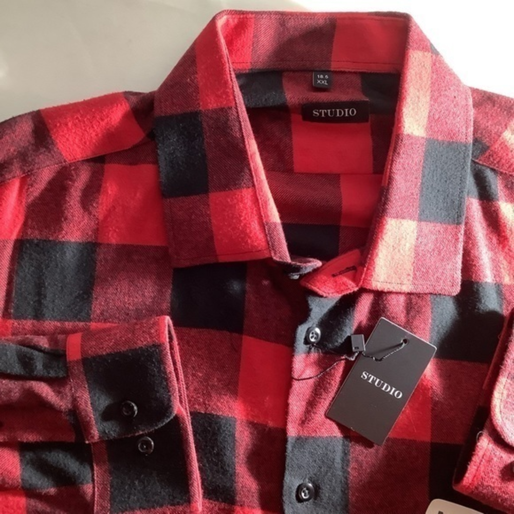 NWT Studio‎ Mens Red and Black Plaid Flannel Long Sleeve Button Up Size XXL